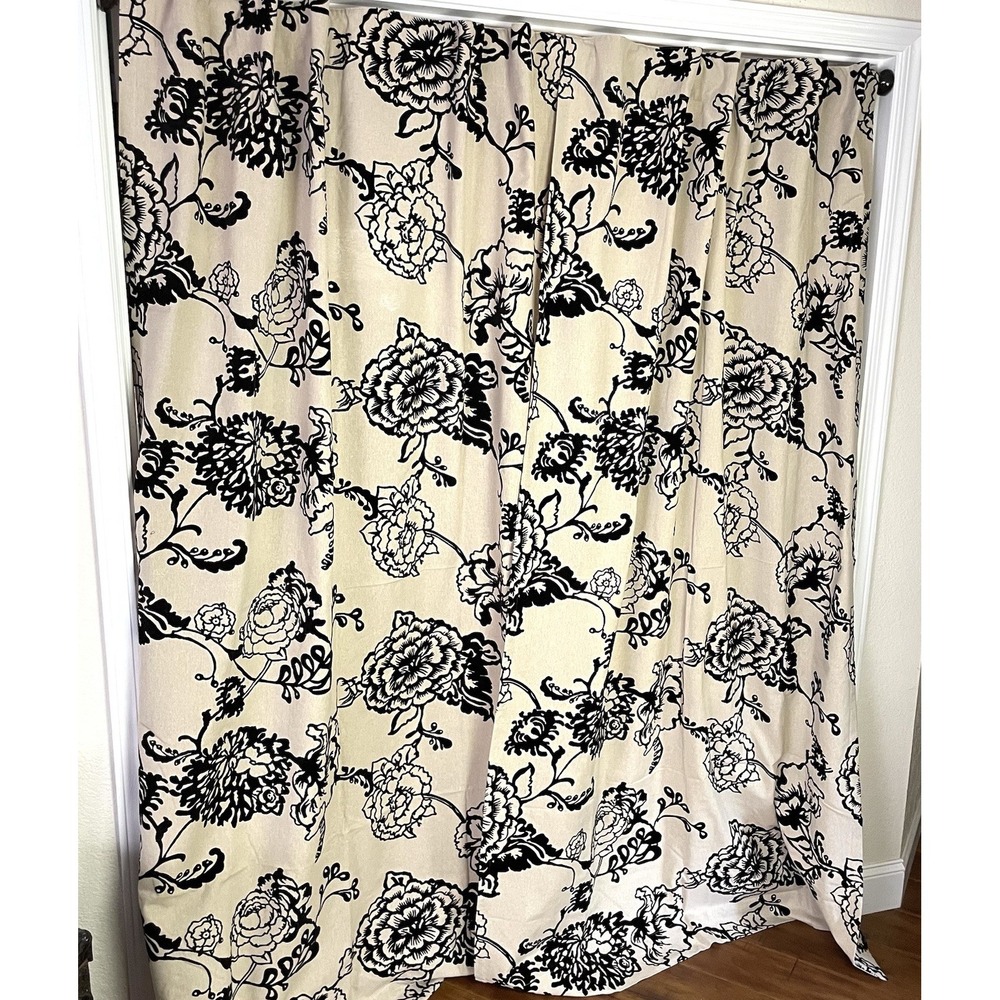 2 World Market Flocked Floral Curtain Panels 48"x84" Beige Black Canvas Tab Boho